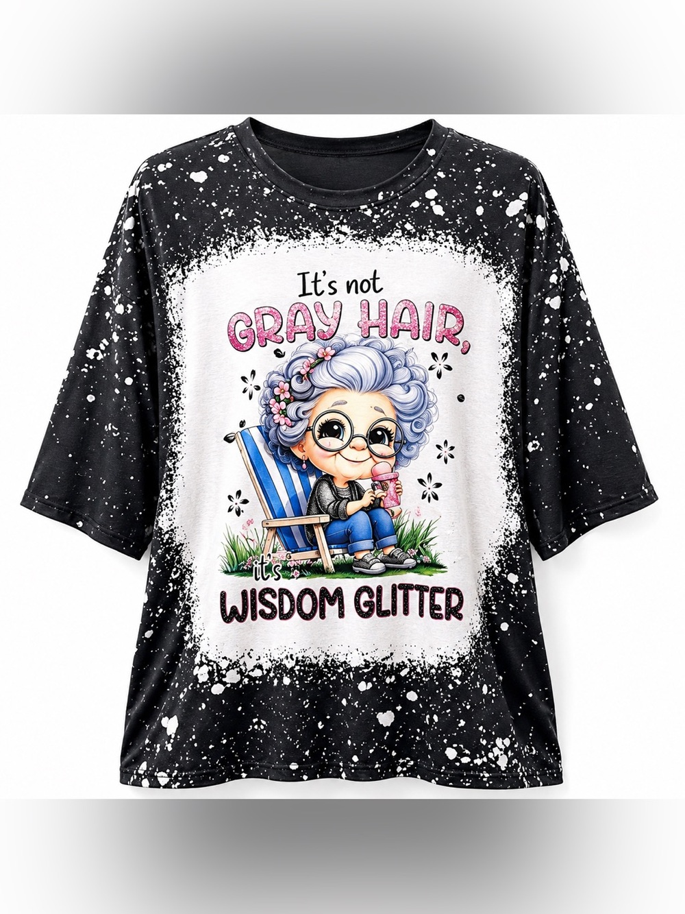 It’s Not Gray Hair It’s Wisdom Glitter Funny Grandma Graphic Tee 3X